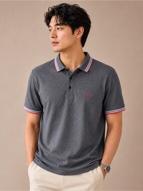 Hugo Boss Paddy Polo Shirt Mens XXL Gray Marl Pink Trim Logo 2X Golfcore
